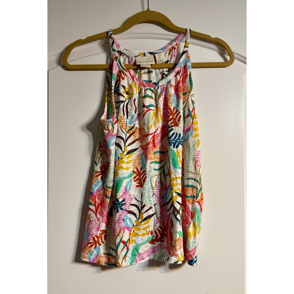 Cynthia Rowley Tank Top S Multi Color 100% Linen Tropical Leaf Bohemian Beachy